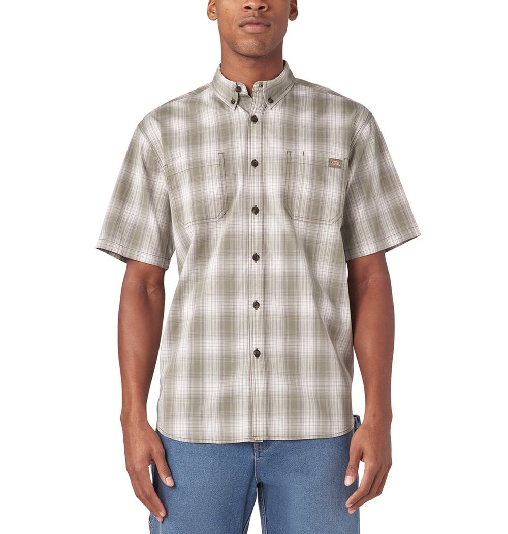 DICKIES Mens Flex Short Sleeve Woven Shirt Medium Green Plaid Relaxed Fit NWT